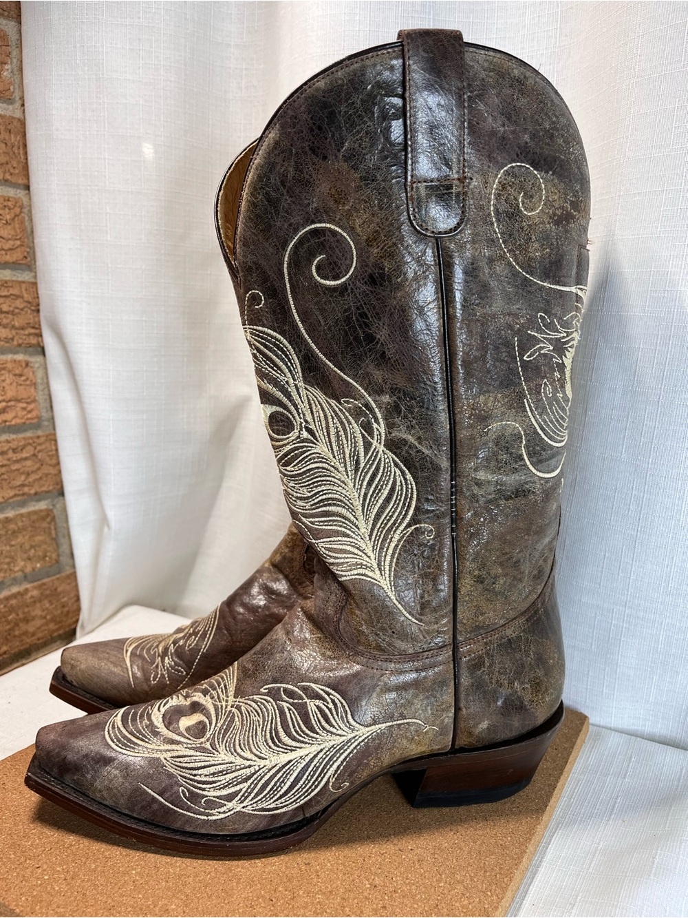 Roper Peacock Feather Western Cowboy Boots Sz 9 Brown Leather Embroidered